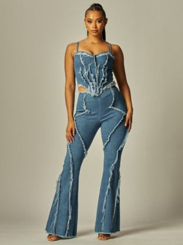 Denim Fringe Halter Top and Bell Bottoms Set