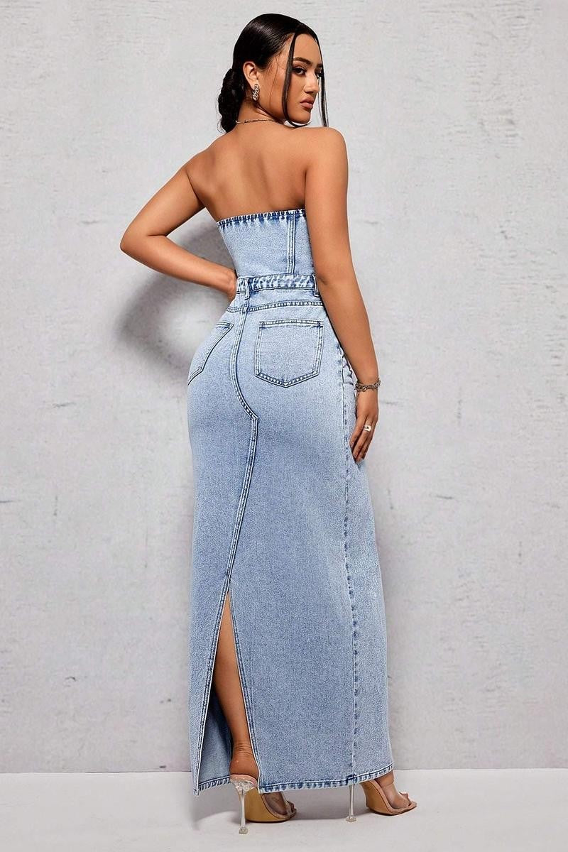 STRAPLESS HIGH SLIT DENIM DRESS WITH STONE WASH