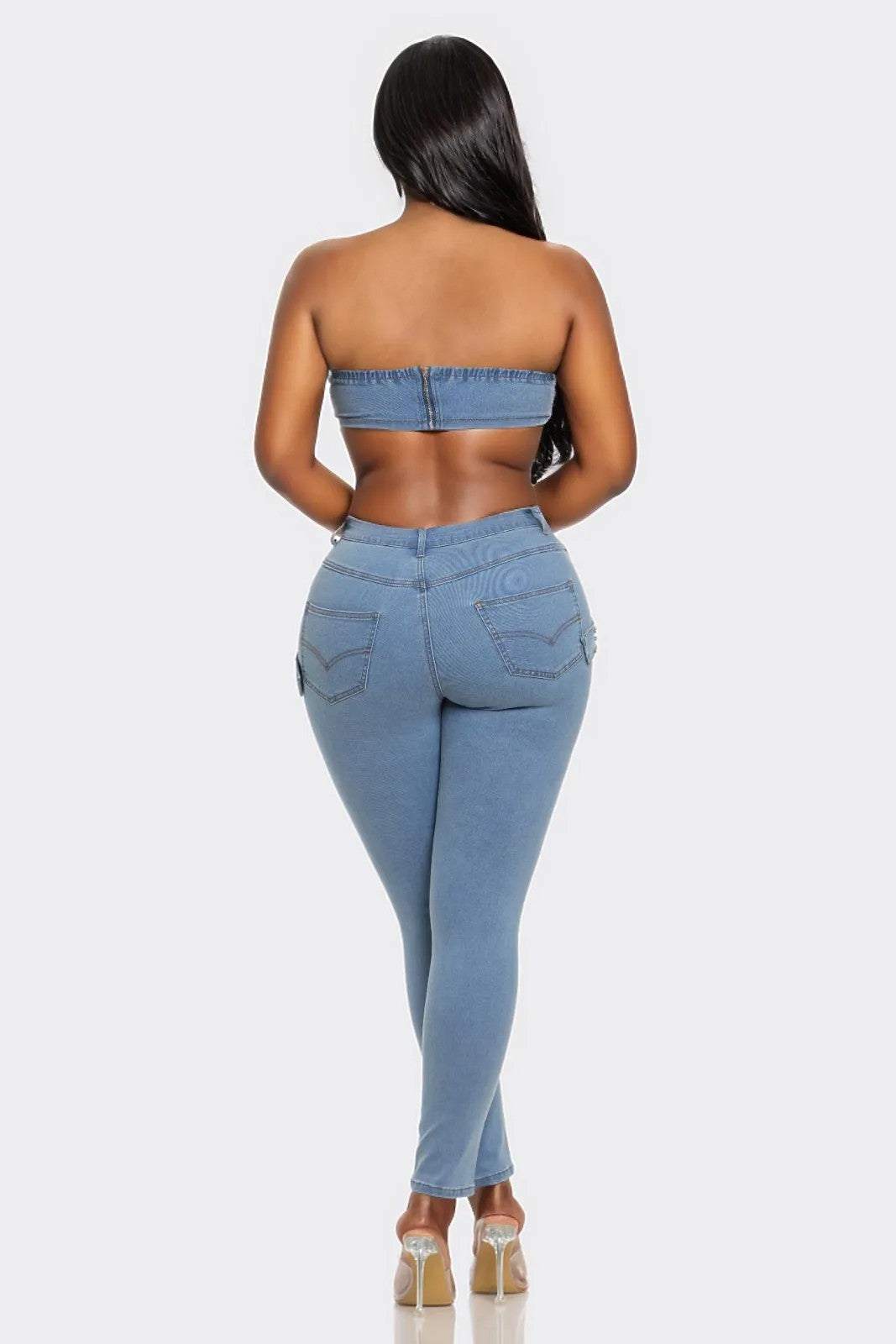 BUCKLE FRONT DENIM CROP TOP AND SKINNY JEANS SET